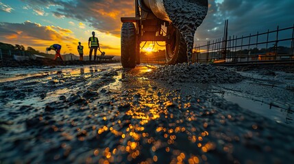 Poster - construction worker control a pouring concrete pump on construction site and sunset background .stock photo