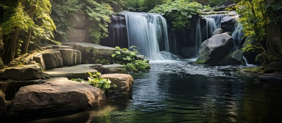 Poster - Small waterfall at the zoo. Creative banner. Copyspace image