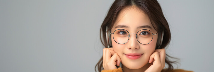 Wall Mural - Happy young Asian woman with glasses and headphones, wearing a cozy sweater, representing modern lifestyle and connectivity