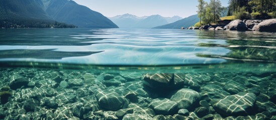 Poster - lake with many stones at the bottom and a bigger one immersed. Creative banner. Copyspace image
