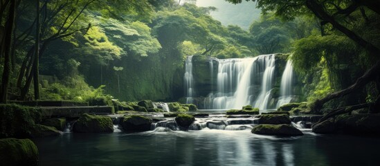 Aufkleber - waterfalls view with green nature. Creative banner. Copyspace image