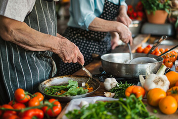 Two older women are cooking in a kitchen with a variety of vegetables and fruits