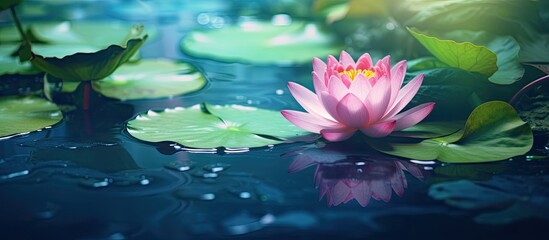 Poster - Lotus flower in pond. Creative banner. Copyspace image
