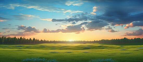 Wall Mural - field with green fresh grass spring evening clear sky the sun leaned low to the horizon a wide field