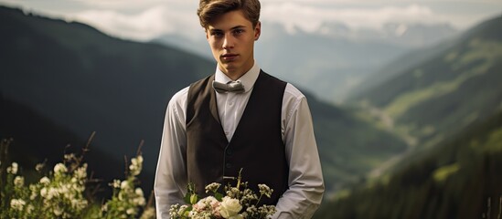 Poster - Portrait of a young groom shot in the mountains. Creative banner. Copyspace image