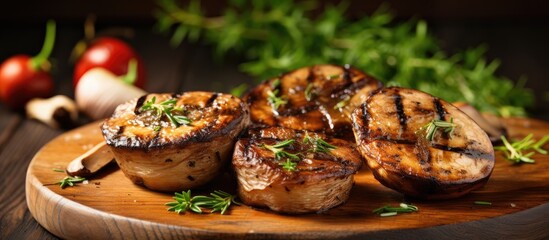 grilled mushroom on wooden chopping block vegetarian snack healthy food. Creative banner. Copyspace image