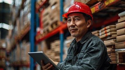 Wall Mural - at the container yard a businessman holds a tablet and checks the list of export and import orders through the port stands serious boss at logistic freight confronting.illustration