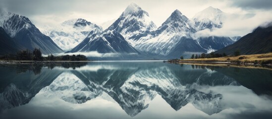 Mountain reflected on the surface of the lake. Creative banner. Copyspace image