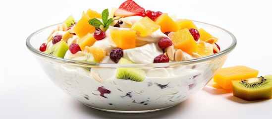 Poster - Tropical fruit salad with yoghurt in a glass bowl with grated cheese. Creative banner. Copyspace image