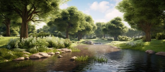 Poster - river in the park. Creative banner. Copyspace image