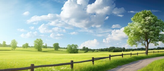 Poster - a road with a fence and a field with trees in the background and a blue sky with clouds above. Creative banner. Copyspace image