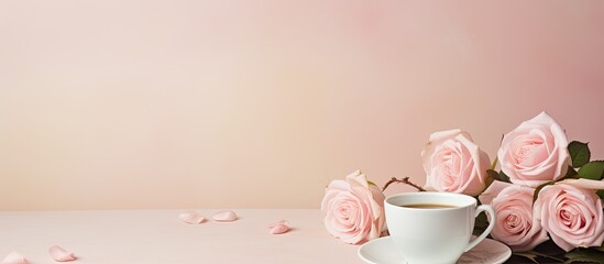 Poster - A cup of coffee with pink rose. Creative banner. Copyspace image