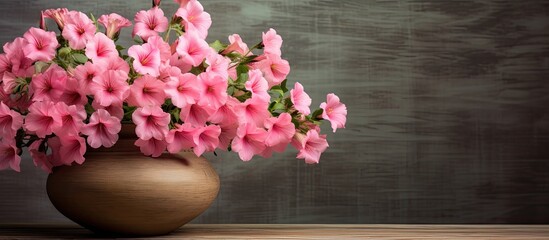 Poster - pink petunia flowers in a large vase. Creative banner. Copyspace image