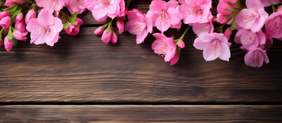 Poster - beautiful pink flowers on wooden background. Creative banner. Copyspace image