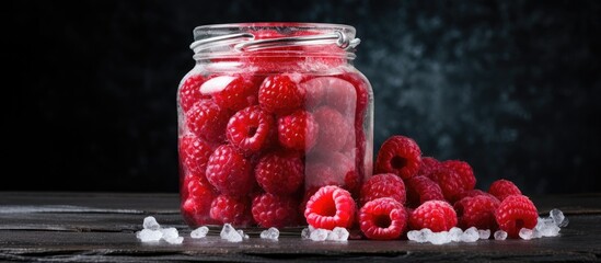 Poster - berries of red ripe raspberries frozen for the winter in the freezer. Creative banner. Copyspace image