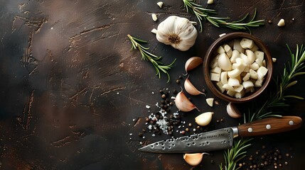 Poster - Chopped garlic in bowl on rustic table. Fresh herbs and chef knife nearby. Perfect for cooking blogs and food magazines. Dark food photography style. AI