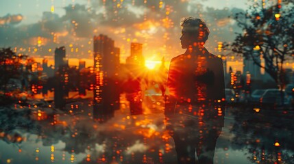 Poster - double exposure image of the businessman standing back during sunrise overlay with cityscape image the concept of modern life .hight relustion