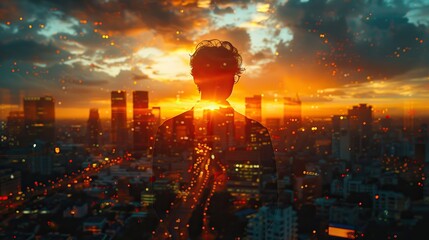 Poster - double exposure image of the businessman standing back during sunrise overlay with cityscape image the concept of modern life .stock photo