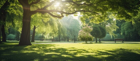 Sticker - Green trees in the park with sun shadows. Creative banner. Copyspace image