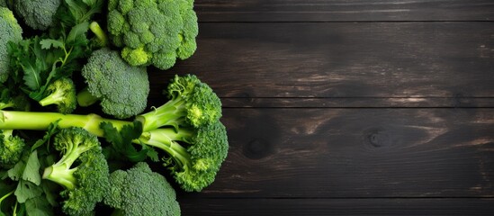 Aufkleber - Fresh broccoli on dark wooden table background top view. Creative banner. Copyspace image