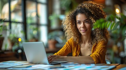 Poster - finance and a woman at the office with a laptop for debt budgeting taxes and remote job accounting freelance and female internet for savings review or analysis. stock image