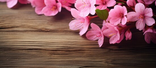Poster - beautiful pink flowers on wooden background. Creative banner. Copyspace image
