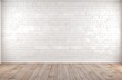 © Darcraft - Empty room with white brick wall and wooden floor.