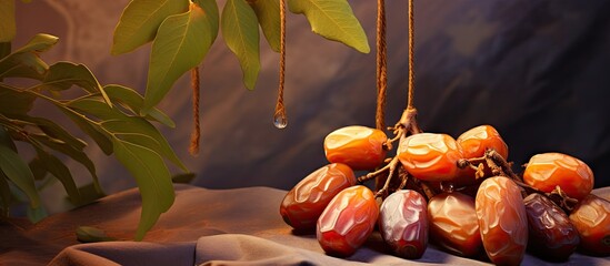 Fototapete - The juicy fruits of the date growing on the date palm. Creative banner. Copyspace image