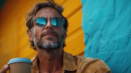 Poster - handsome man with sunglasses holding cup of coffee .hight relustion