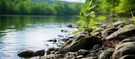 Aufkleber - A plant in the foreground hides a small hidden beach on the river. Creative banner. Copyspace image