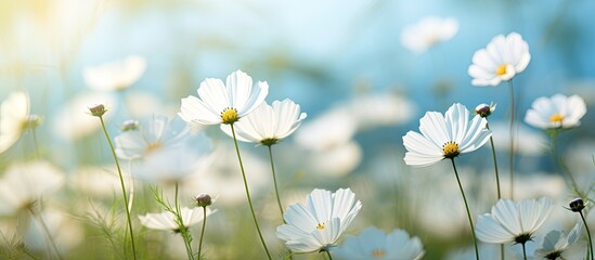 Fototapete - Beautiful white cosmos flower in the garden Soft focus and blurred white cosmos flowers. Creative banner. Copyspace image