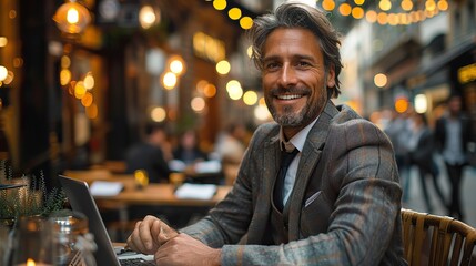 Poster - businessman working on laptop in the urban thumbs up. stock image