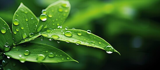 Aufkleber - A drop of dew on the leaves of the plant Rainy weather. Creative banner. Copyspace image