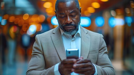 Poster - at the office a businessman is using his smartphone and text message on phone .stock illustration