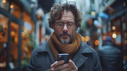 Poster - at the office a businessman is using his smartphone and text message on phone .stock illustration