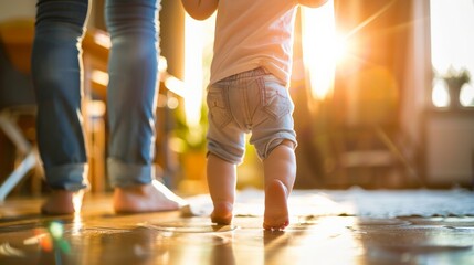 In a close-up focus, a tender moment unfolds as a child learns to walk with the loving support of a parent in the cozy setting of their home, showcasing growth and development.