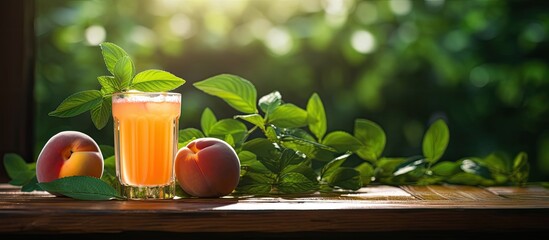 Poster - Fresh peach juice with mint on the wooden table selective focus. Creative banner. Copyspace image