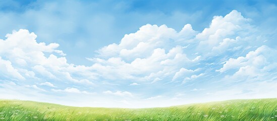Poster - Hand painting beautiful green grass against a blue sunny sky. Creative banner. Copyspace image
