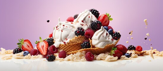 Poster - Closeup of sweet ice cream with fresh berry fruits. Creative banner. Copyspace image