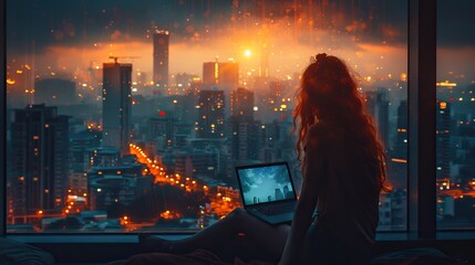 Poster - person working on laptop with city view.illustration