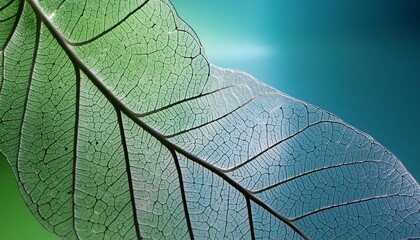 Texture of white transparent sheet on a blue and green background close-up macro. Veins and streak skeleton transparent leaf.