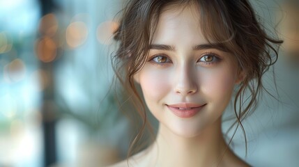 Poster - portrait of a young asian woman smiling beauty and hair care face and hair beauty. stock image