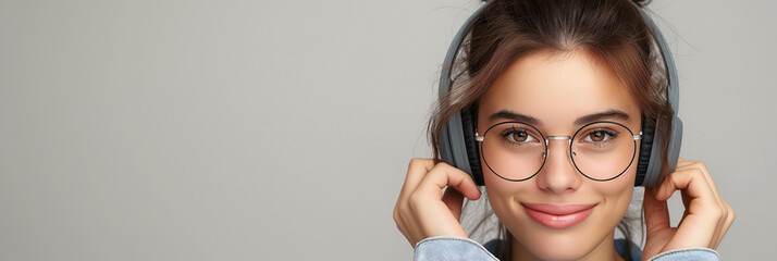 Sticker - Happy young woman with glasses and headphones, representing modern lifestyle and connectivity