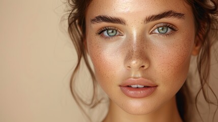 Poster - young woman s beauty face with natural makeup on beige background cosmetology beauty and spa fashionable skin highlighter .hight relustion