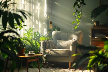 A living room with lots of plants, greenery and natural light. A grey armchair Interior of modern living room Modern, elegant and stylish home living room interior design