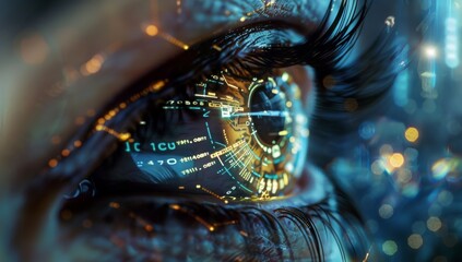 eye reflects digital technology and a futuristic cityscape, symbolizing AI's role in shaping urban life.