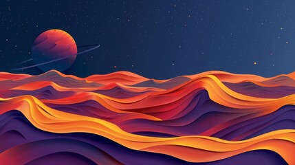 Wall Mural - A colorful, abstract space scene with a red planet in the background