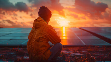 Wall Mural - Solar Power: A Photorealistic Portrait of a Renewable Energy Worker amidst a Solar Farm   Ideal for Tech and Environmental Campaigns