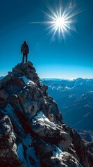 Sticker - Hiker Conquering a Challenging Peak with Panoramic Views Under a Clear Sky Travel Concept