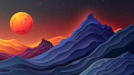 Poster - A mountain range with a large red moon in the sky